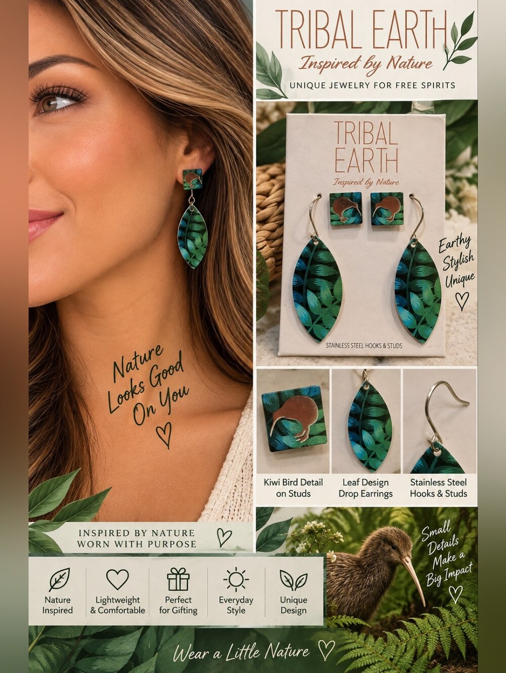 Leaf Drop Earrings — Green